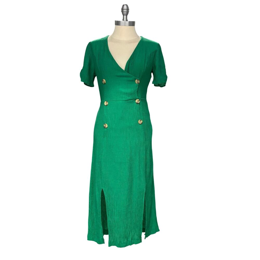 ALL IN FAVOR Forest Green Short Sleeve Dress Women's Crepe V-Neck Long Size SM